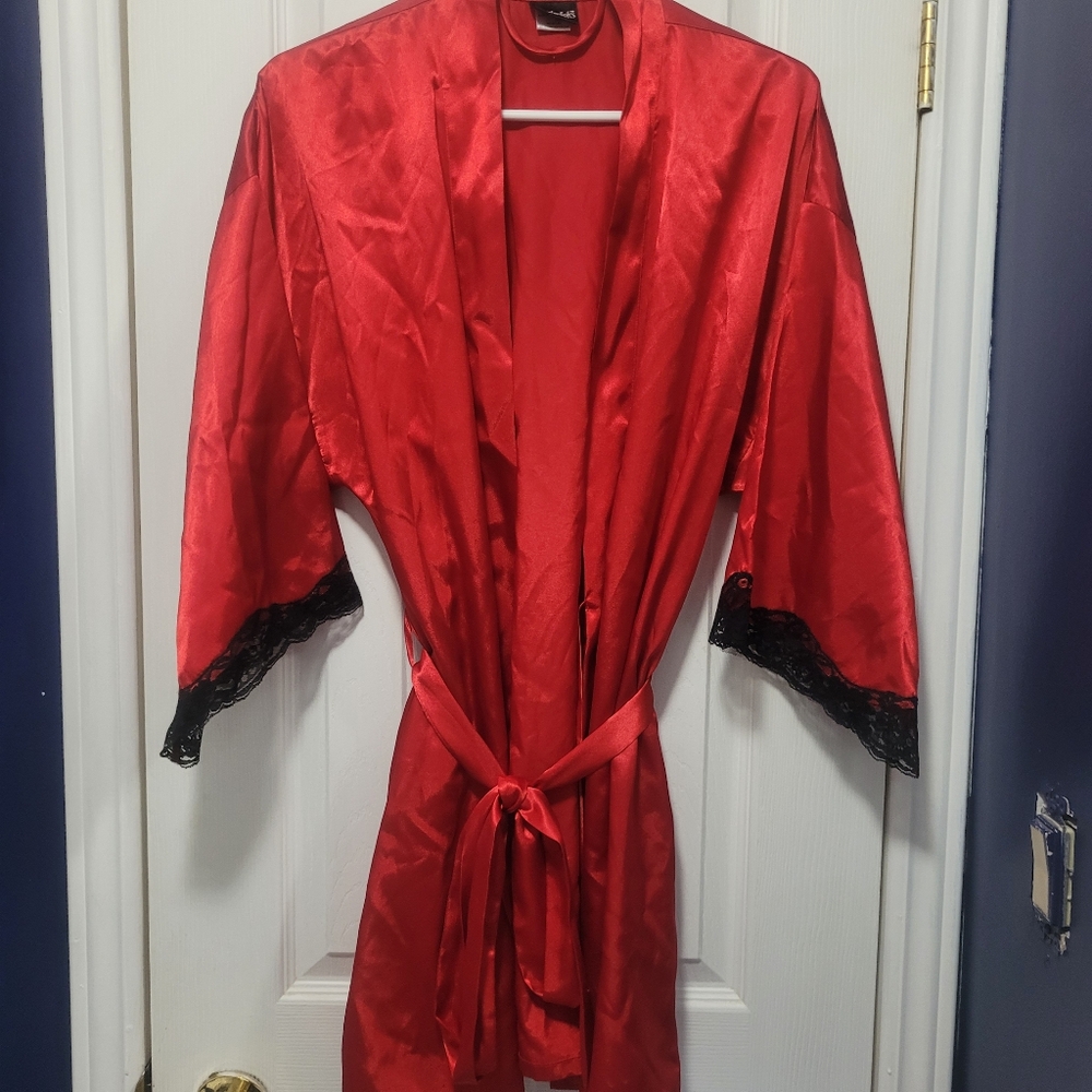 Elegant Red Satin Robe with Black Lace Trim